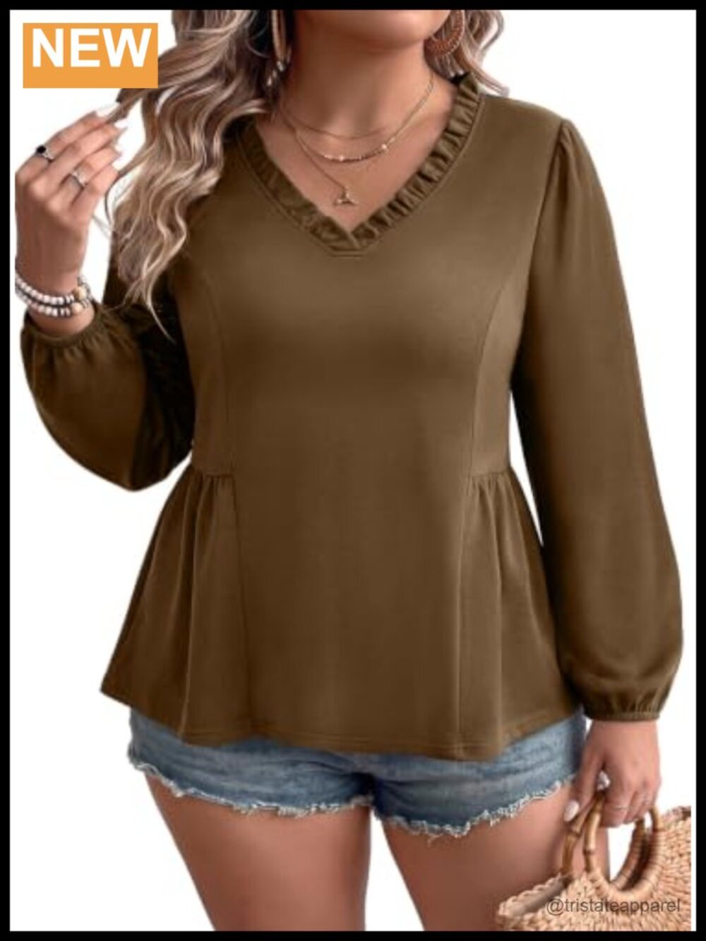 Plus Size Peplum Babydoll Blouse Women Ruffle V-Neck Long Sleeve Knit Stretch